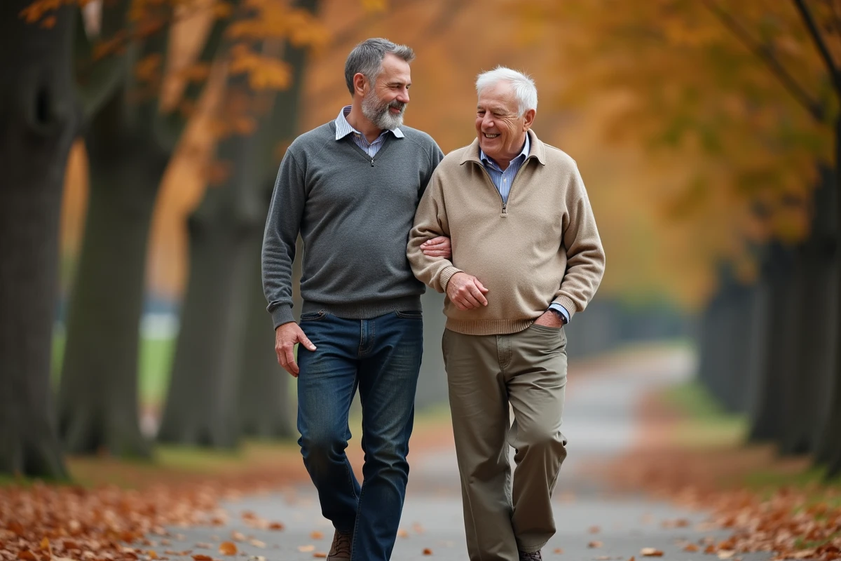 Un fils adulte accompagne son père âgé lors d'une promenade en parc en automne, symbolisant le soutien quotidien apporté aux parents seniors