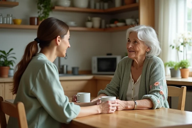 Une femme aidante dans la quarantaine discute avec une mère âgée autour d'une table en bois dans une cuisine chaleureuse, illustrant les conseils pour accompagner les parents au quotidien