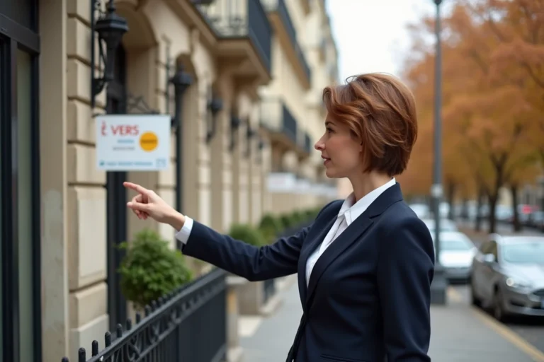Agent immobilière devant un immeuble haussmannien parisien avec panneau À Vendre en 2024