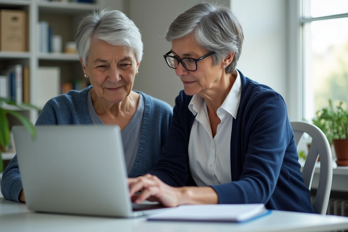 Une femme aide sa mère âgée à utiliser un ordinateur portable à domicile, illustrant les astuces pratiques pour accompagner les parents seniors au quotidien
