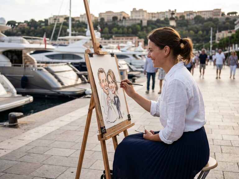 Jeune artiste de rue peignant un couple de mariés à Monaco