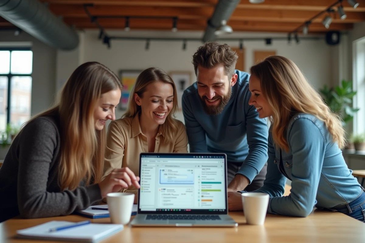 Équipe de trois professionnels consultant l'interface de gestion de projet et communication Basecamp dans un bureau créatif