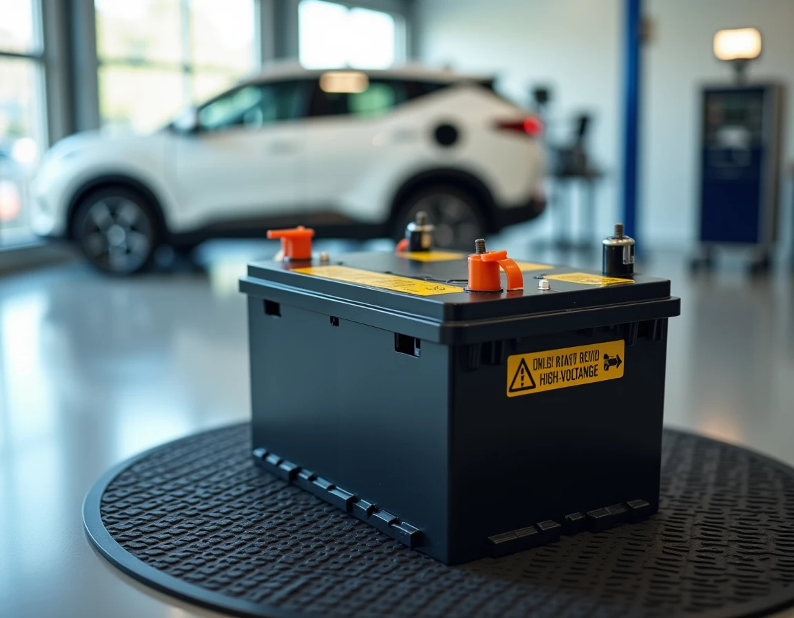 Gros plan sur une batterie hybride haute tension avec câbles orange et étiquettes d'avertissement