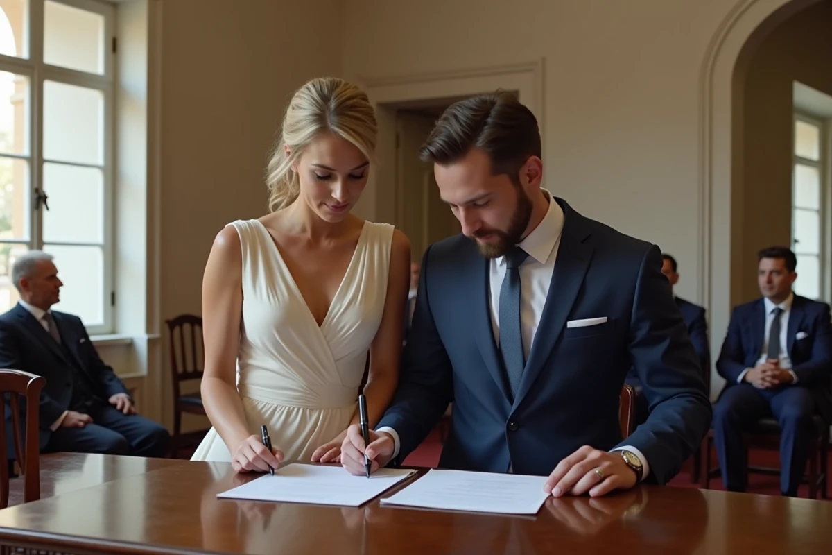 Cérémonie civile de mariage dans un bureau d'état civil à Gibraltar avec un couple signant les documents officiels