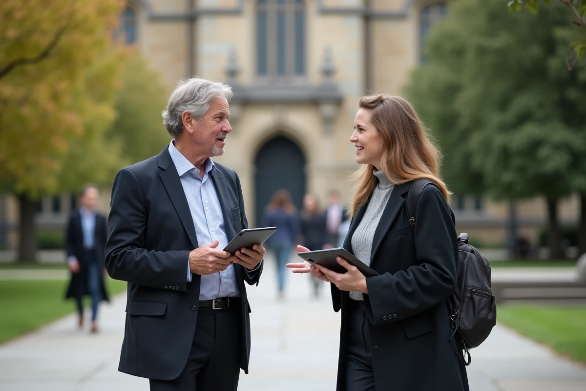 Deux chercheurs CNRS en discussion professionnelle sur le campus d'une université française