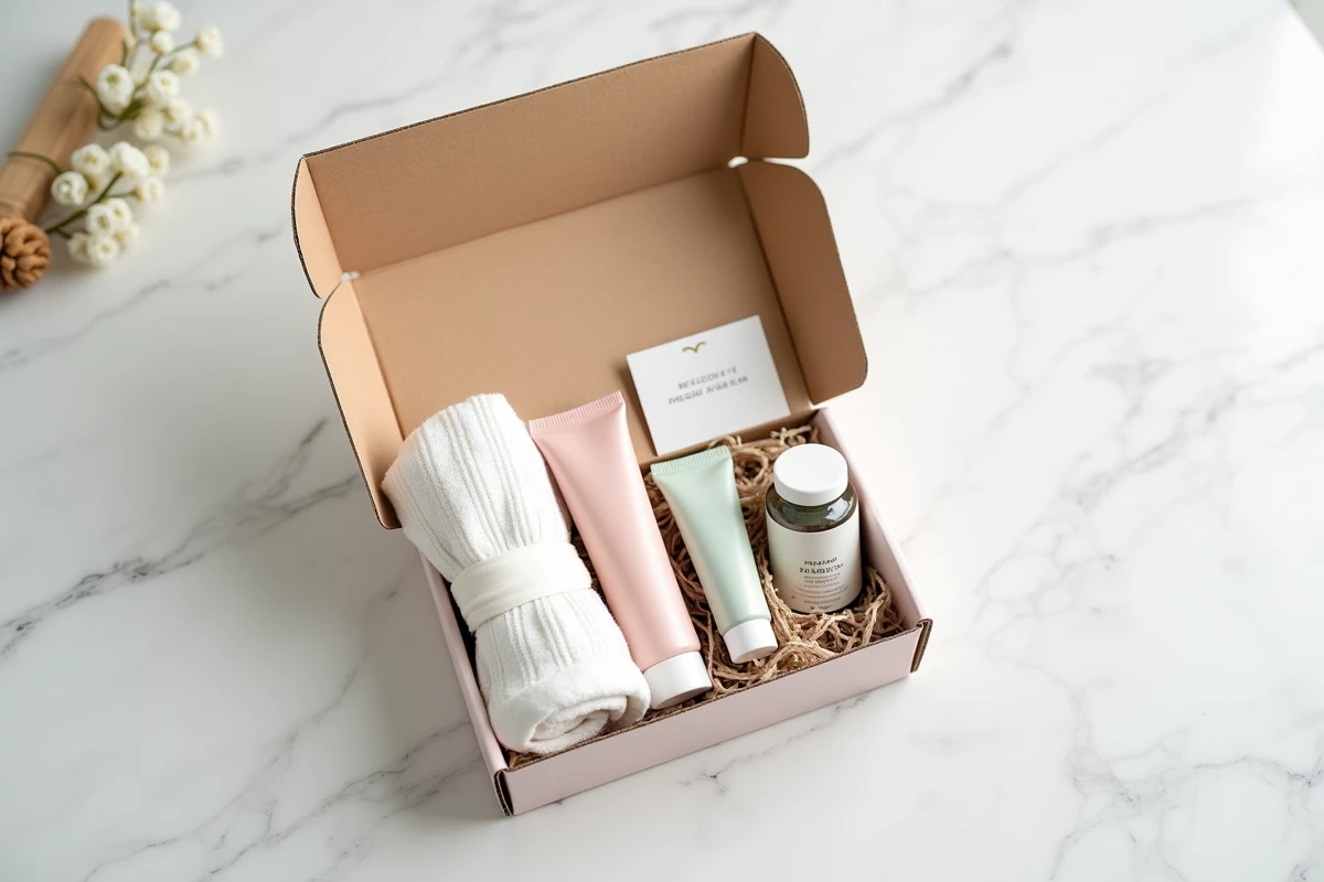 Coffret grossesse gratuit ouvert en vue de dessus sur un plan de travail en marbre blanc, avec des produits de maternité soigneusement disposés