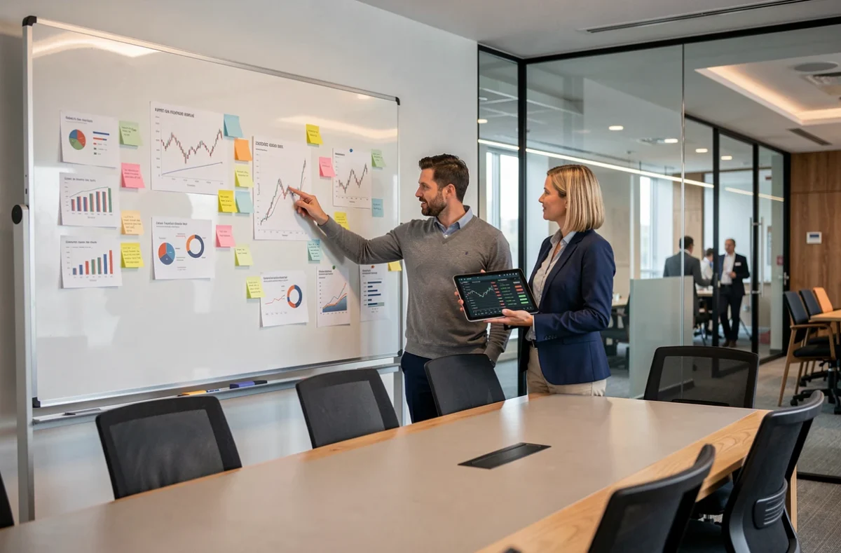 Deux collègues analysant ensemble des tendances de marché financier sur un tableau de conférence pour optimiser des stratégies d'investissement