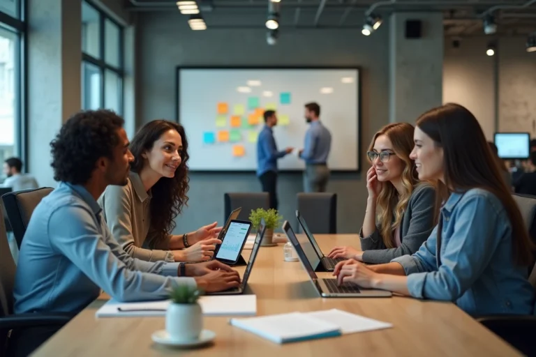 Équipe de professionnels collaborant autour d'outils de communication numérique dans un bureau moderne en open space