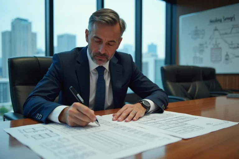 Conseiller financier analysant des organigrammes de holding et propco dans une salle de réunion moderne