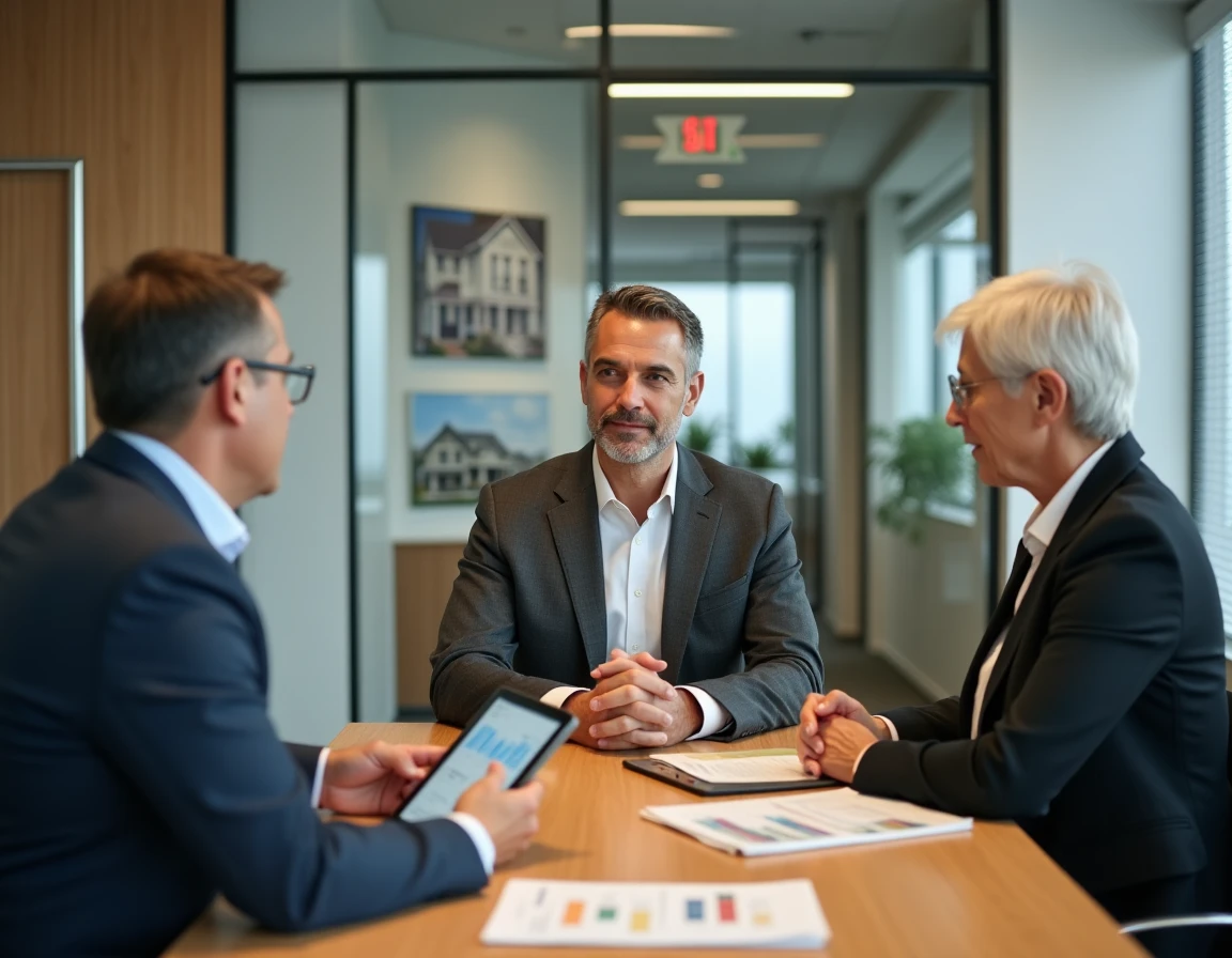 Conseiller immobilier en réunion avec des propriétaires bailleurs pour la gestion locative de leur bien