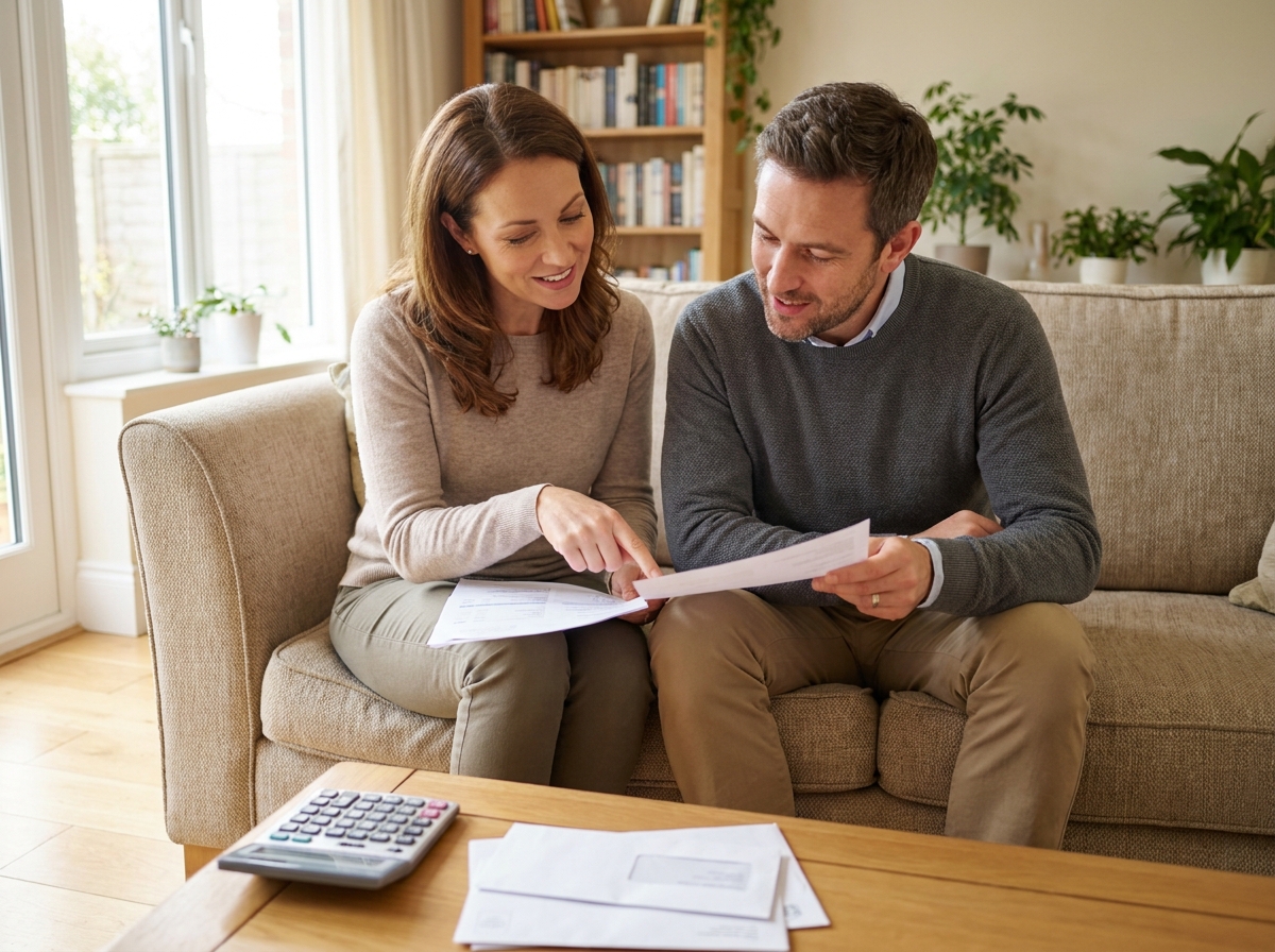 Un couple examine ensemble un document de rachat de crédits pour alléger leur budget mensuel