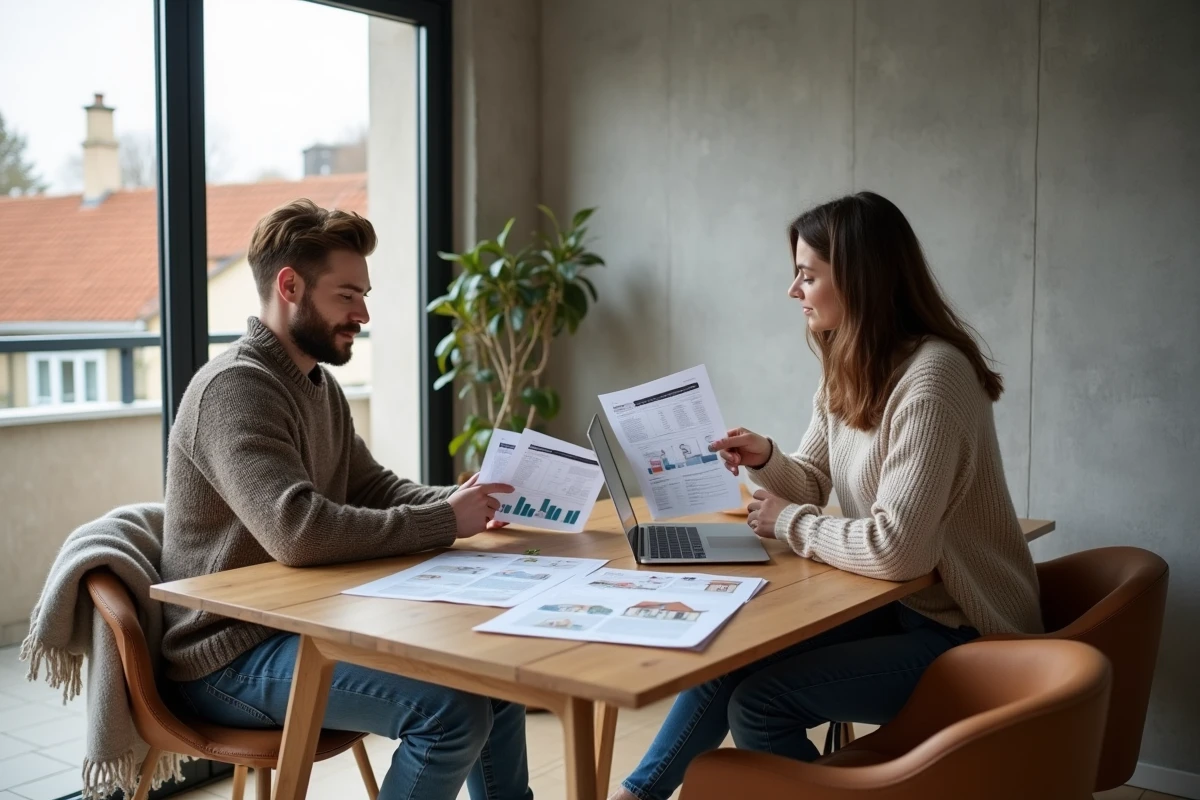 Jeune couple étudiant le marché immobilier français sur ordinateur dans un appartement moderne à Lyon