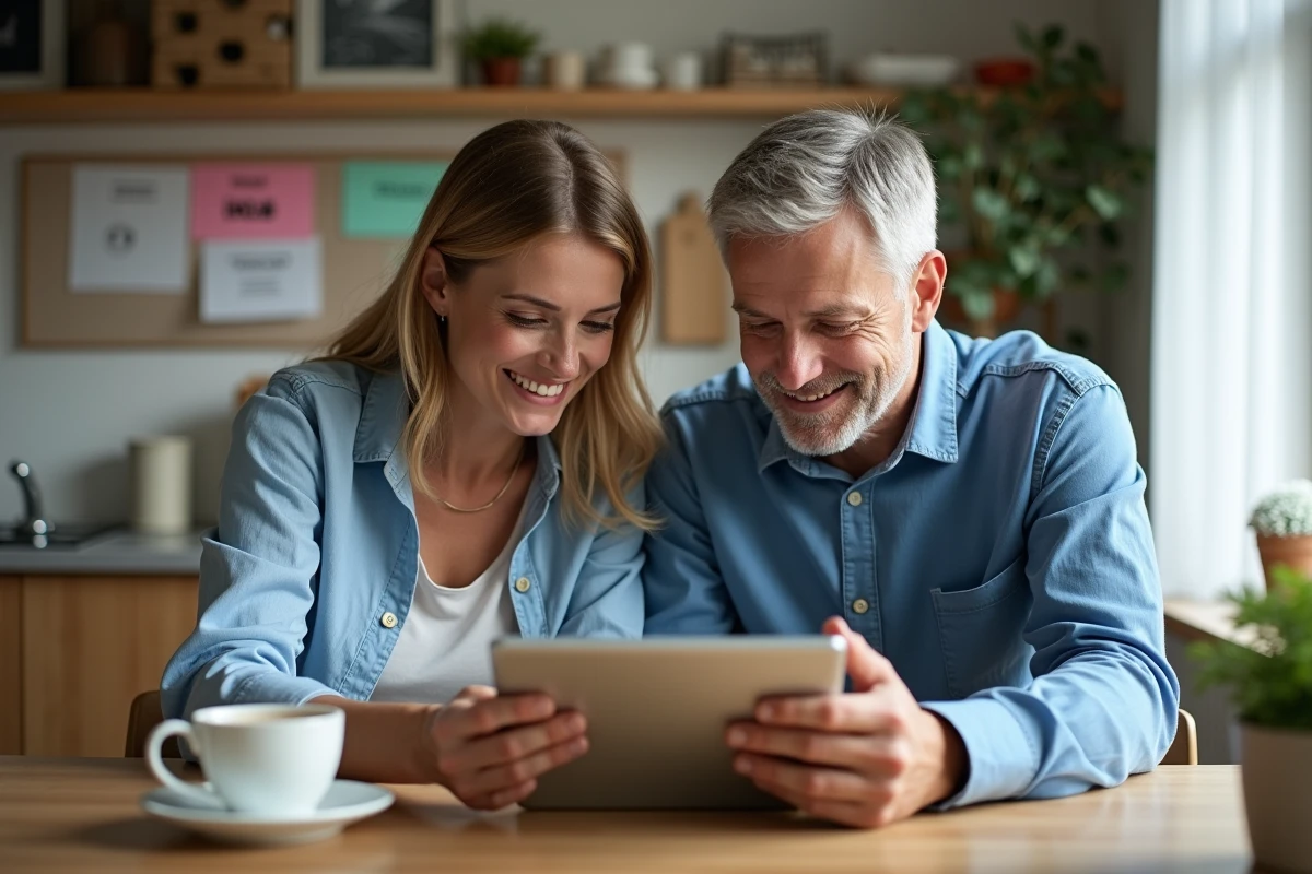 Couple regardant un site immobilier sur une tablette à la maison