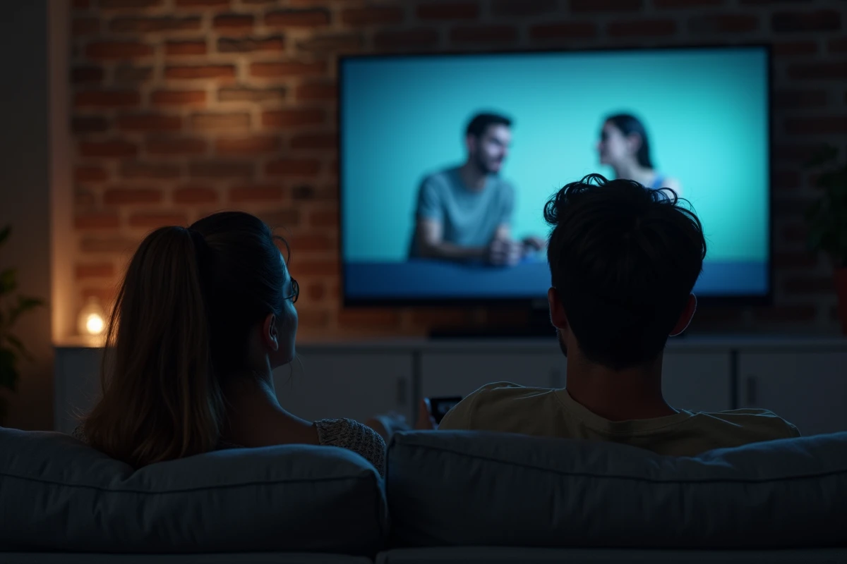 Couple regardant La Flamme sur leur télévision connectée en streaming depuis leur salon