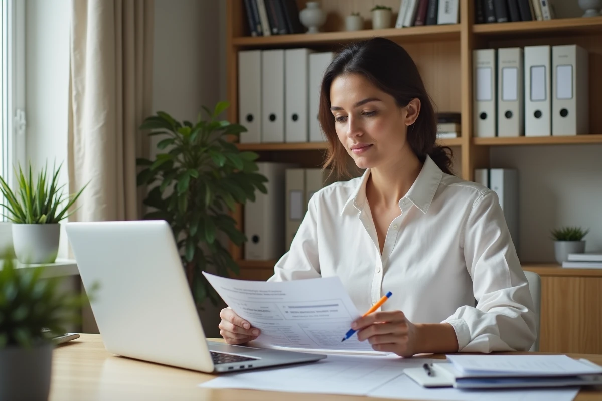 Femme propriétaire consultant des formulaires fiscaux pour la prorogation de son engagement Pinel à domicile