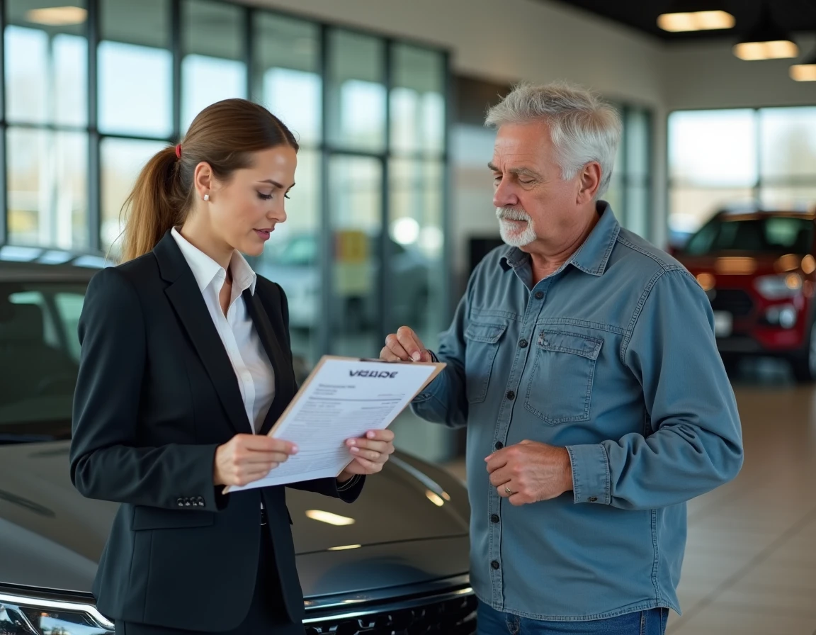 Conseillère automobile présentant un devis de remplacement de batterie hybride à un client dans une concession