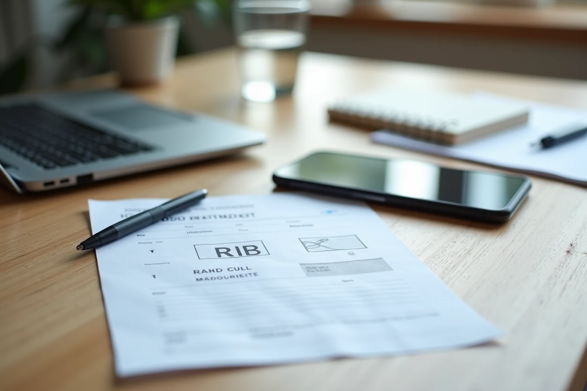 Document RIB bancaire posé sur un bureau avec ordinateur et smartphone pour modification sur France Travail