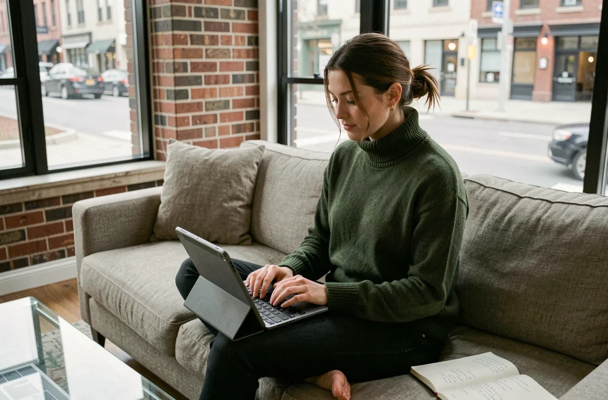 Jeune entrepreneuse vérifiant ses emails professionnels Laposte.net sur une tablette dans un appartement moderne