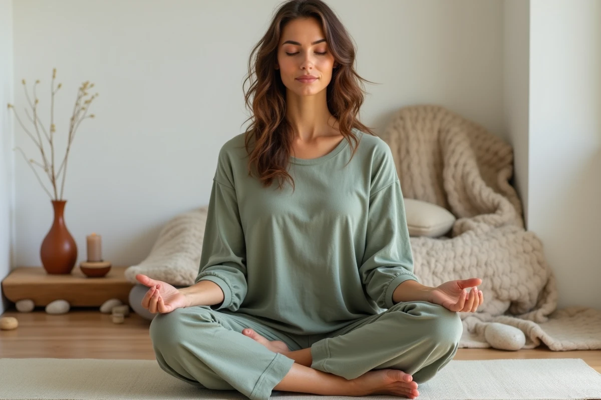 Femme en méditation dans un espace bien-être à domicile décoré avec des éléments naturels, bougies et diffuseur d'arômes