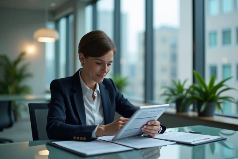 Femme d'affaires en costume bleu lisant une tablette dans un bureau