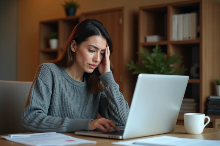 Femme frustrée devant son ordinateur essayant de modifier son RIB sur le site France Travail