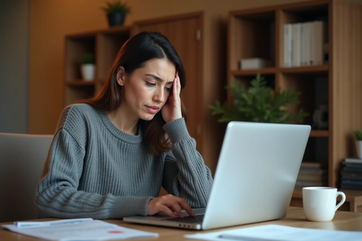 Femme frustrée devant son ordinateur essayant de modifier son RIB sur le site France Travail