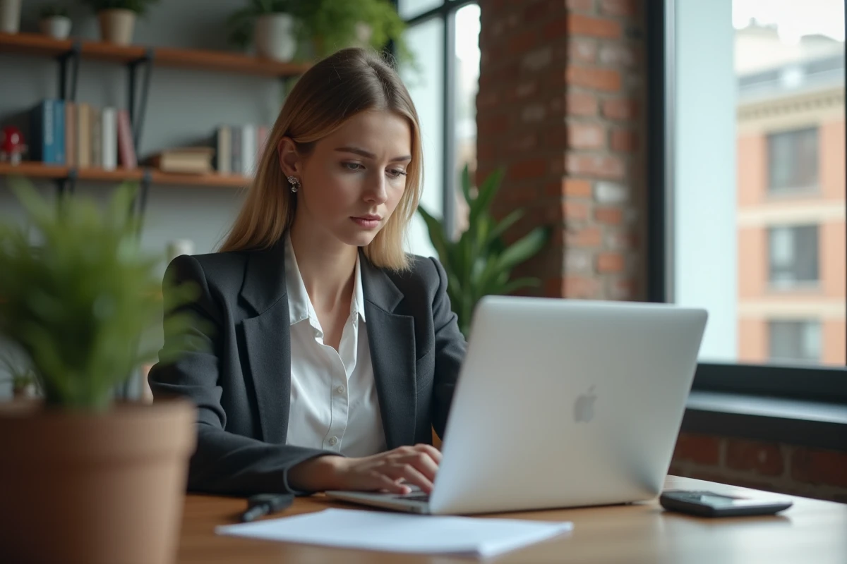 Jeune femme professionnelle travaillant sur un ordinateur dans un bureau moderne