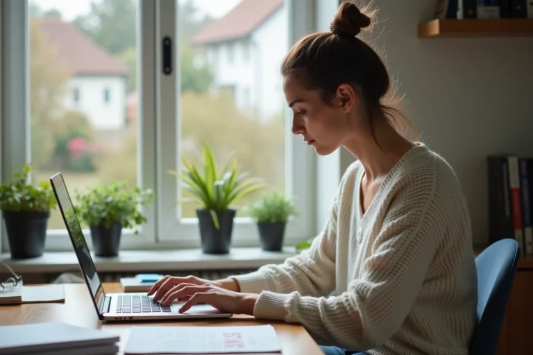 Femme concentrée sur son ordinateur dans un bureau à domicile