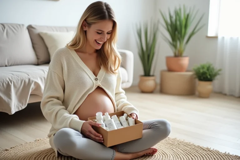 Femme enceinte découvrant un coffret grossesse gratuit reçu chez elle, assis sur un parquet en bois dans un salon scandinave
