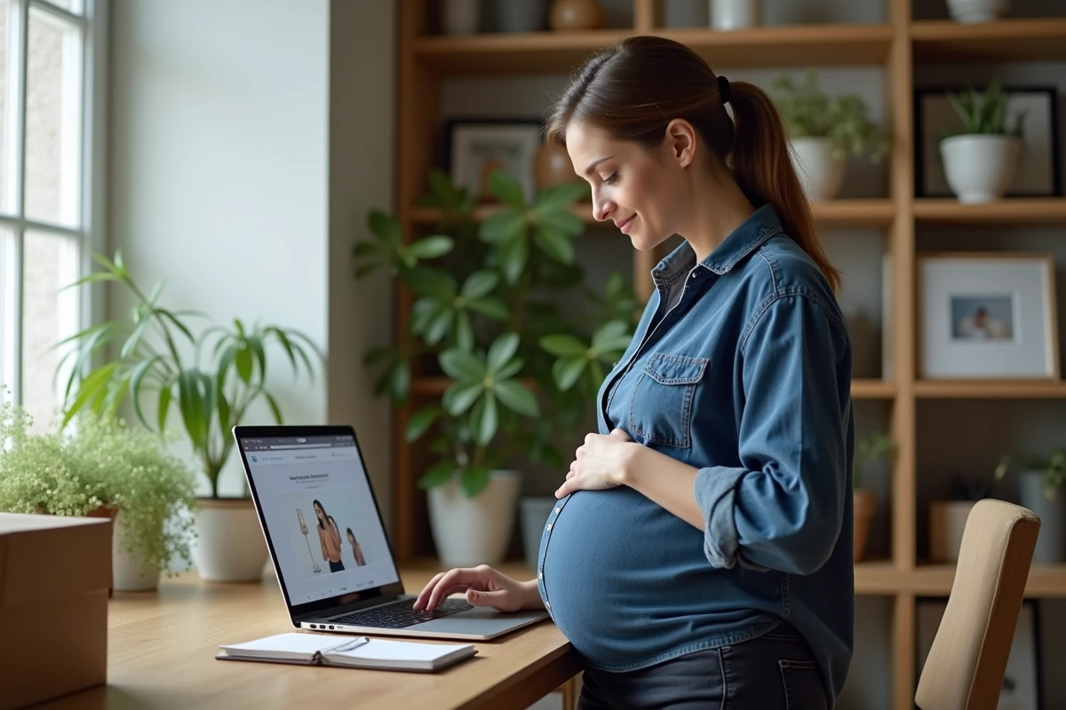 Femme enceinte recherchant comment obtenir un coffret grossesse gratuit sur son ordinateur portable depuis son bureau à domicile