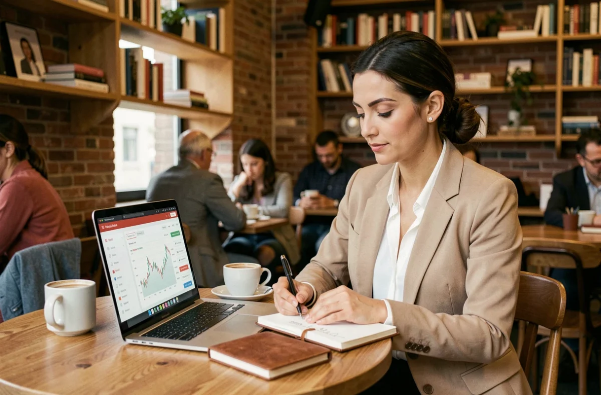 Femme professionnelle analysant des données d'investissement sur un ordinateur portable dans un café urbain tendance