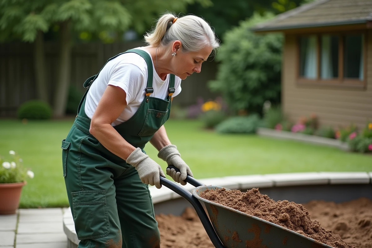 Femme en vêtements de jardinage versant de la terre dans la piscine