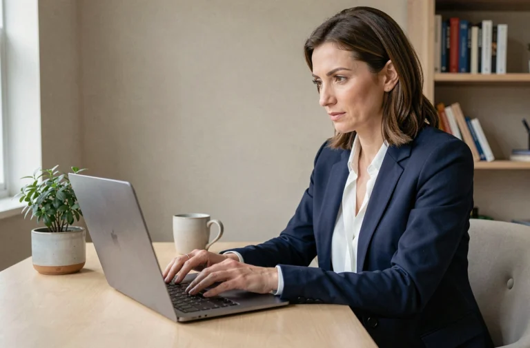 Femme professionnelle utilisant une adresse email Laposte.net sur son ordinateur portable dans un bureau moderne
