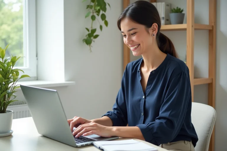Femme en télétravail cherchant des offres d'emploi 9h-16h sur son ordinateur portable dans un bureau à domicile organisé
