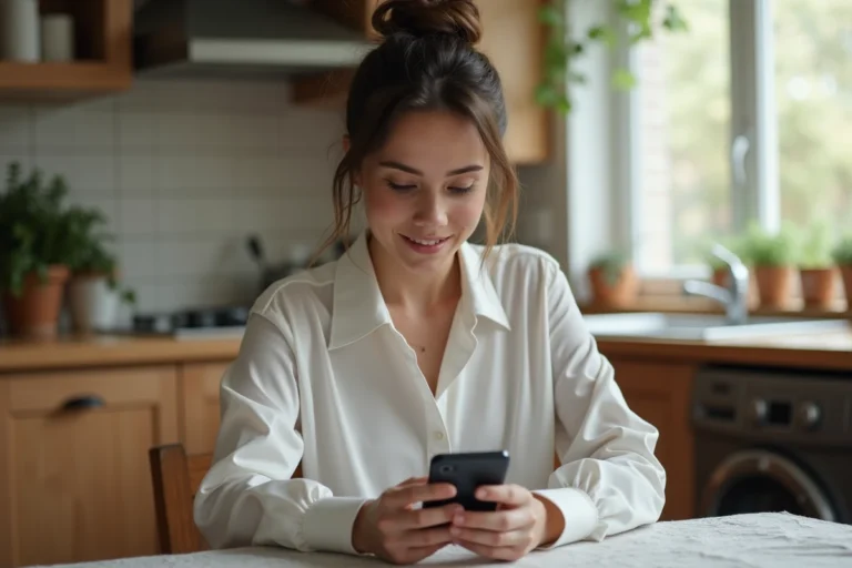 Jeune femme en cuisine regardant son smartphone