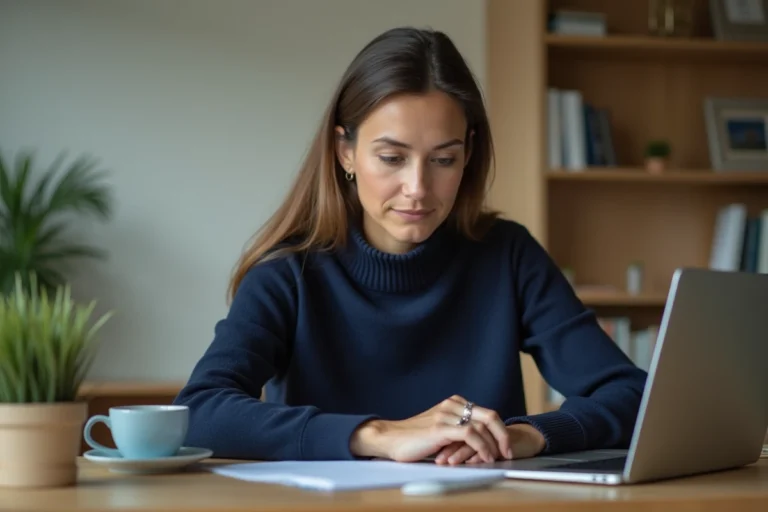 Femme contactant le support Avast par e-mail depuis son bureau à domicile