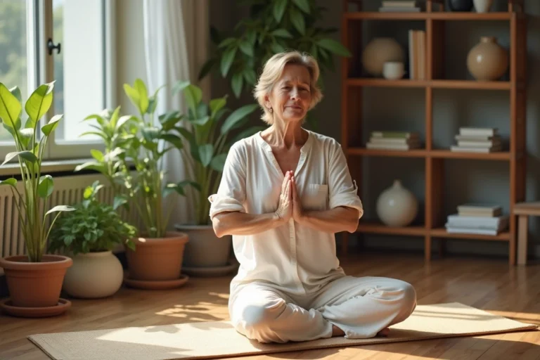 Femme d'âge moyen pratiquant yoga en intérieur calme