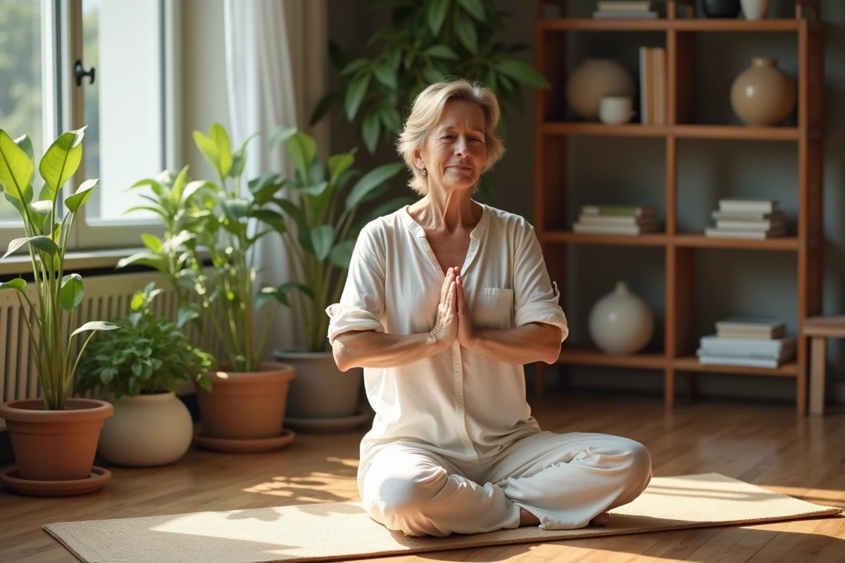 Femme d'âge moyen pratiquant yoga en intérieur calme