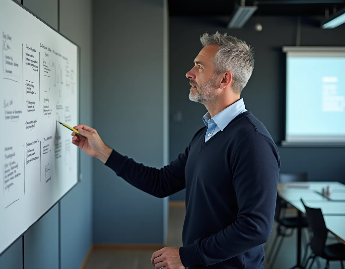 Formateur professionnel présentant une session de formation innovante devant un tableau blanc en salle de classe moderne