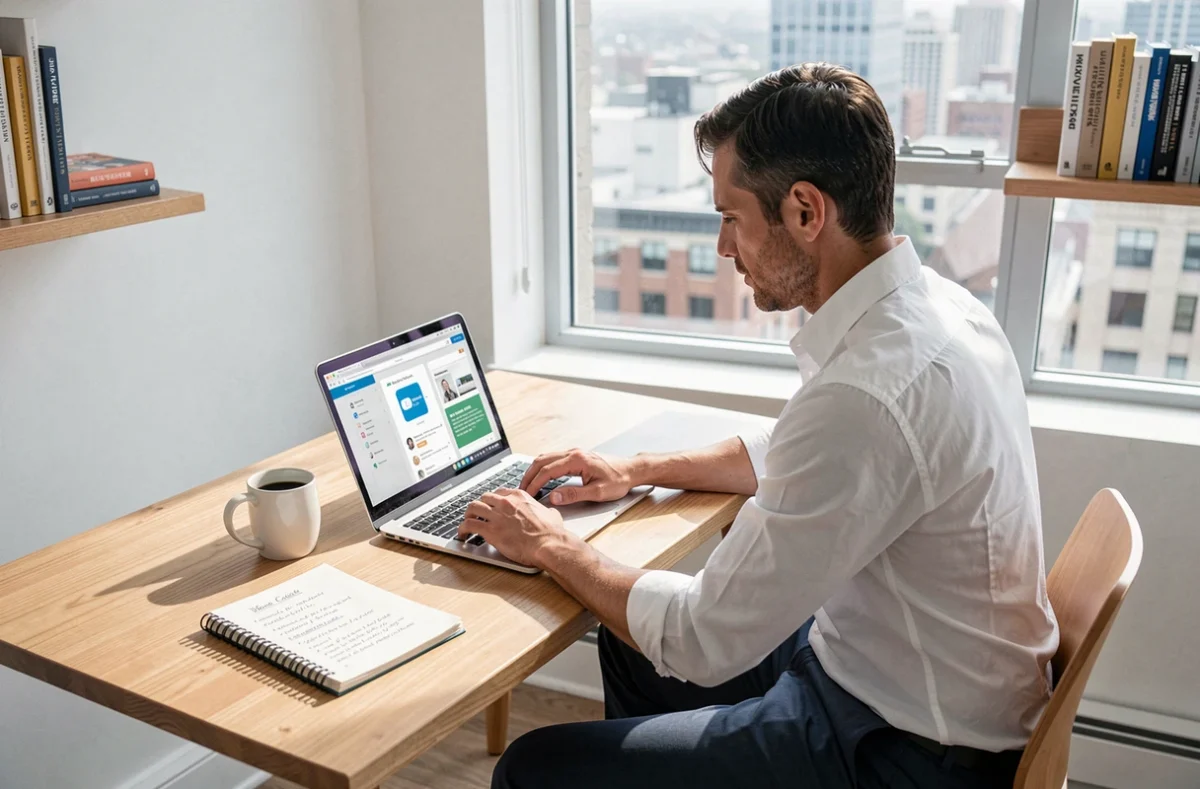 Professionnel en télétravail suivant une formation en ligne sur son ordinateur portable dans un bureau à domicile moderne
