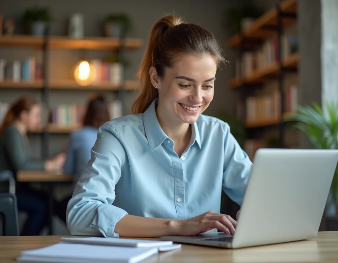 Femme professionnelle suivant une formation en ligne sur ordinateur portable dans un espace de co-working moderne