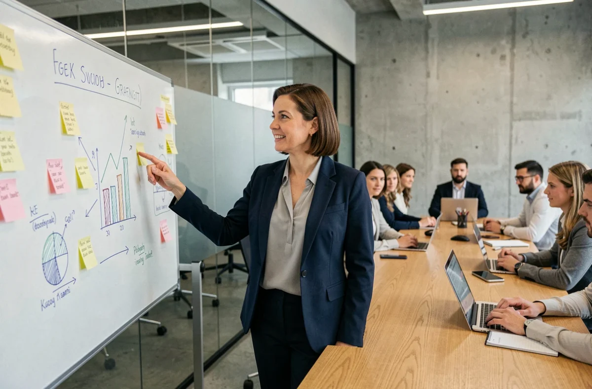 Formatrice professionnelle présentant une stratégie de croissance d'entreprise sur tableau blanc lors d'une session de formation en salle de réunion moderne