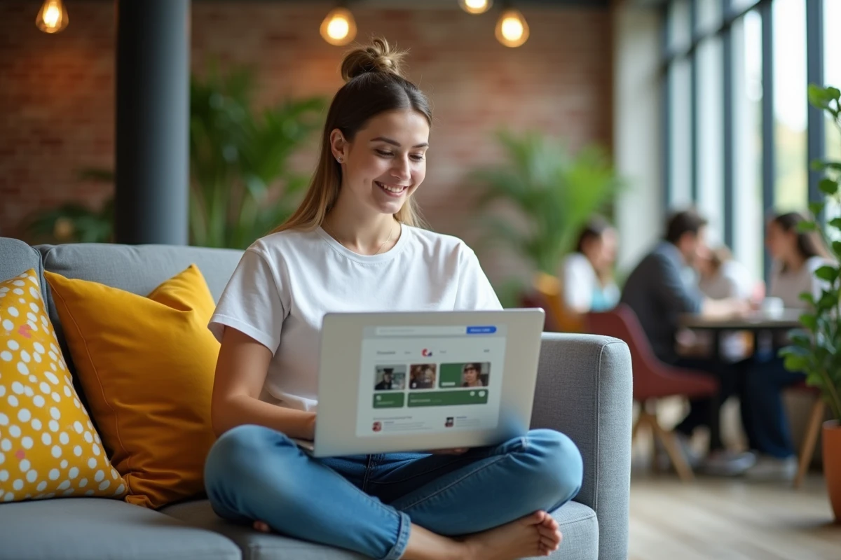 Jeune professionnelle en espace de co-working utilisant Google Chat et Google Meet sur son ordinateur portable