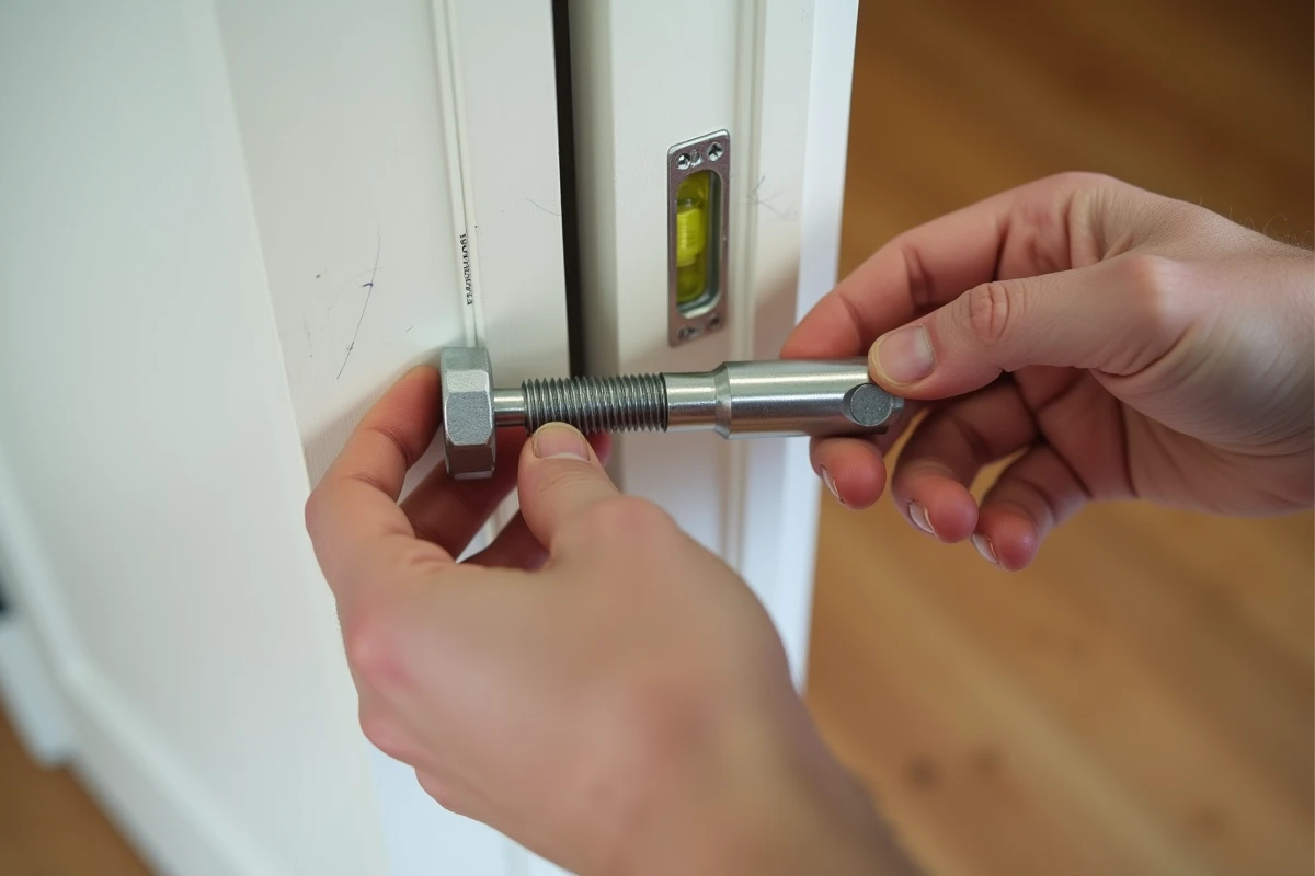 Gros plan sur des mains préparant la fixation d'une cheville à bascule sur une porte creuse avec un niveau à bulle