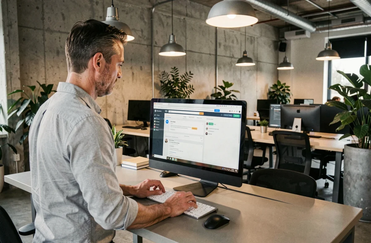 Homme d'affaires consultant sa messagerie Laposte.net sur un écran d'ordinateur dans un espace de coworking