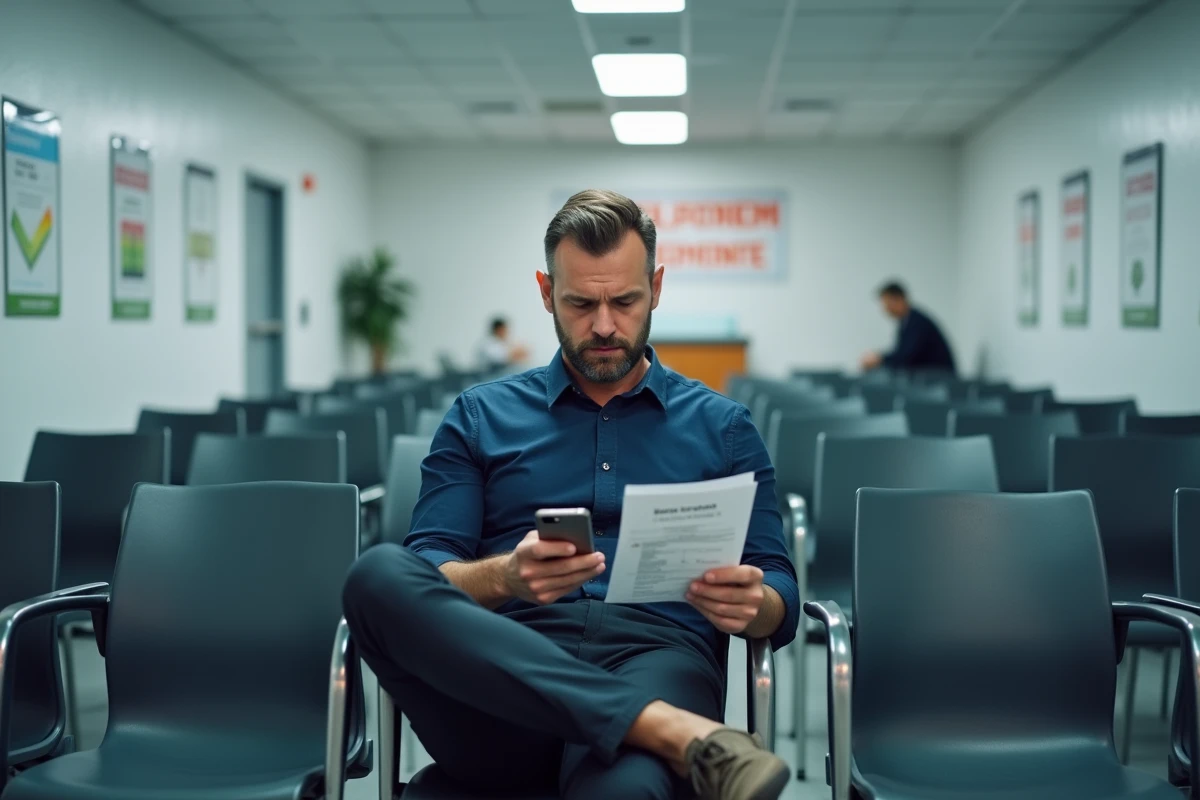 Homme en salle d'attente de France Travail tenant un document RIB bancaire