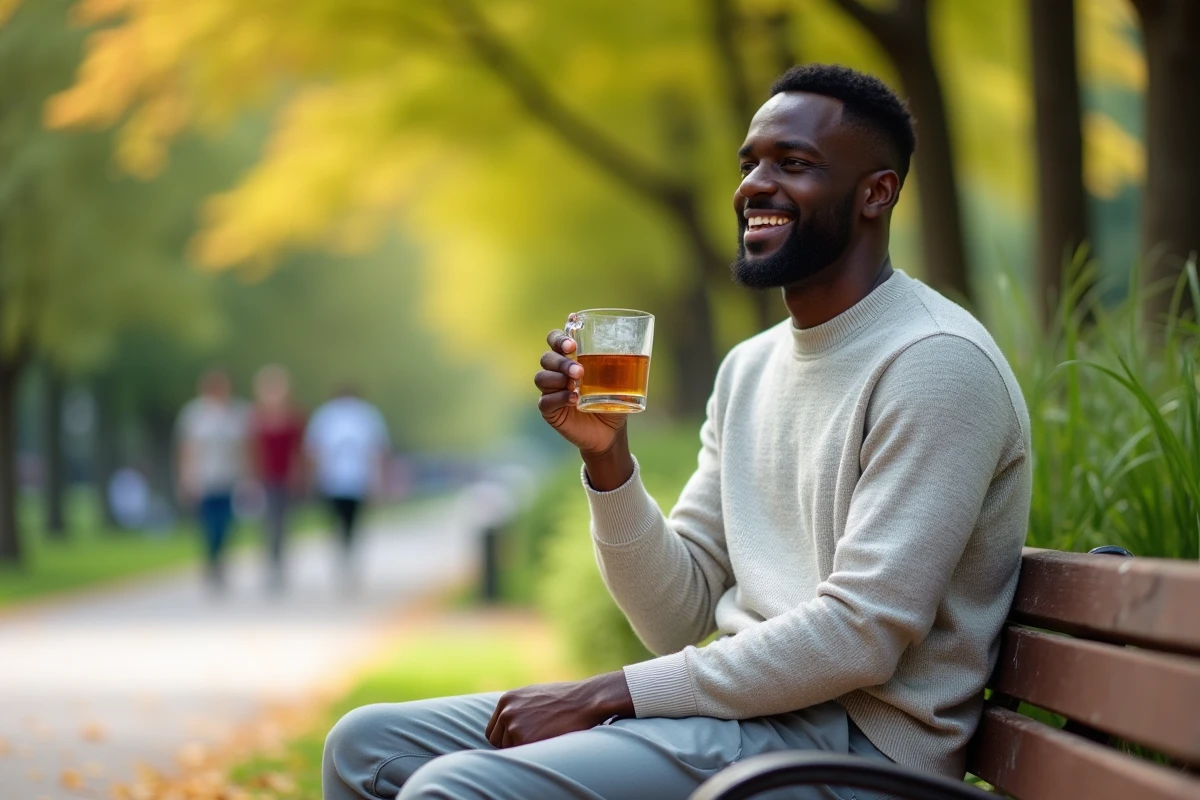Jeune homme noir sirotant thé dans un parc ensoleille