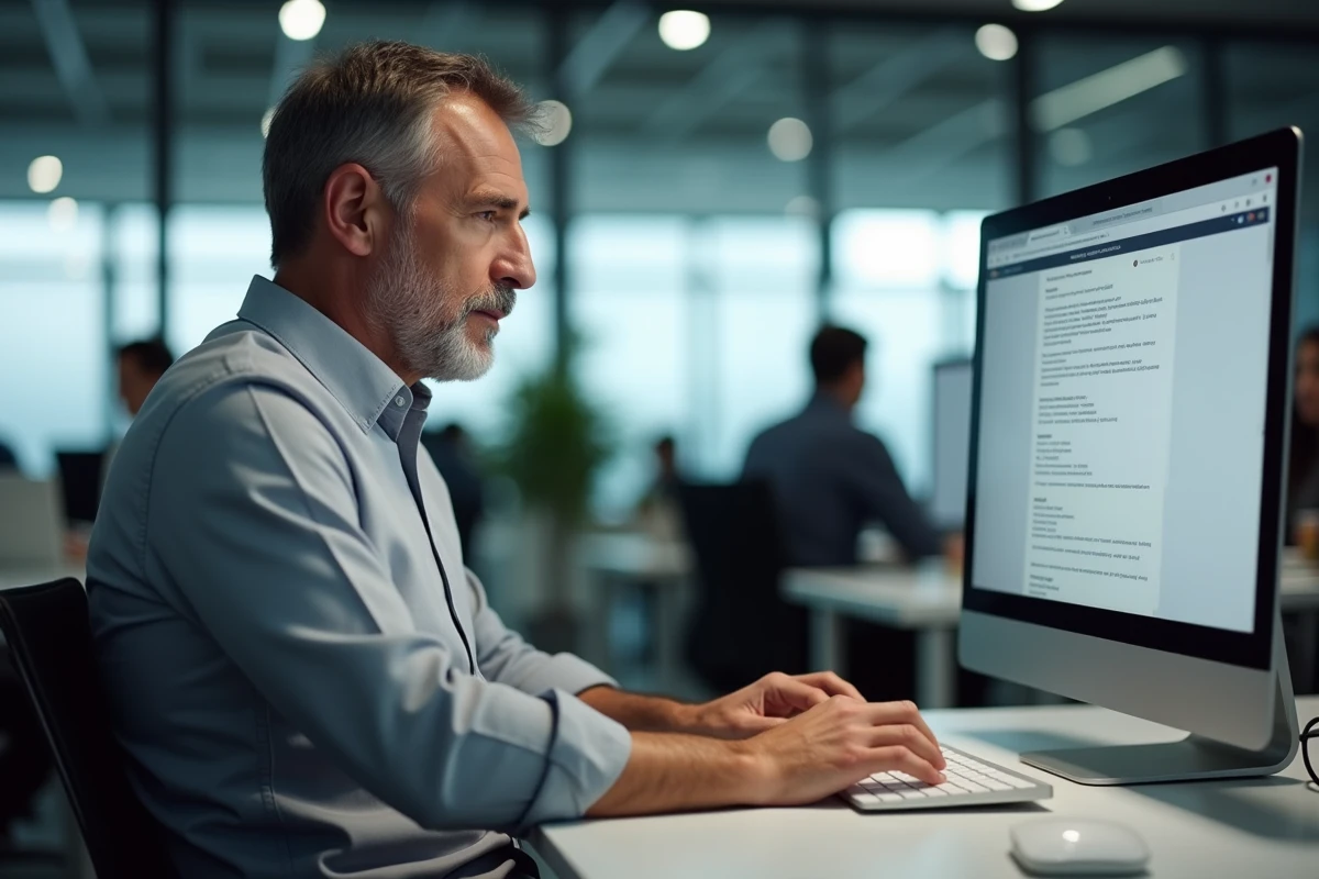 Homme en train de contacter le service client Avast par mail dans un bureau professionnel