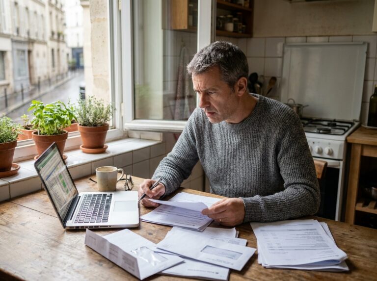 Un homme d'une quarantaine d'années examine ses documents financiers à la maison pour envisager un rachat de crédits