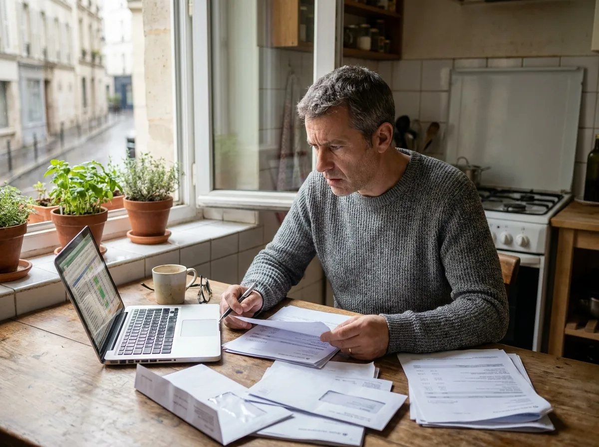Un homme d'une quarantaine d'années examine ses documents financiers à la maison pour envisager un rachat de crédits